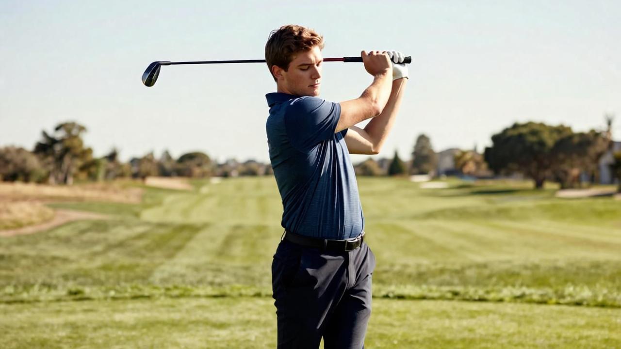 New golfer practicing relaxed swing at driving range for beginners