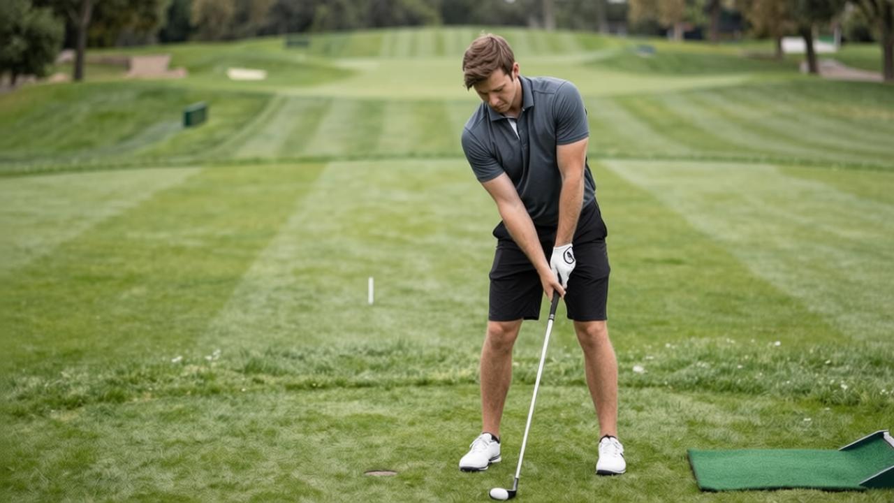 Beginner golfer following slow pre-shot aiming routine on driving range, consistent golf practice for steady progress