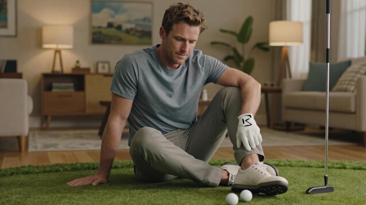 Golfer practicing putting on an indoor putting mat as part of a daily golf training routine