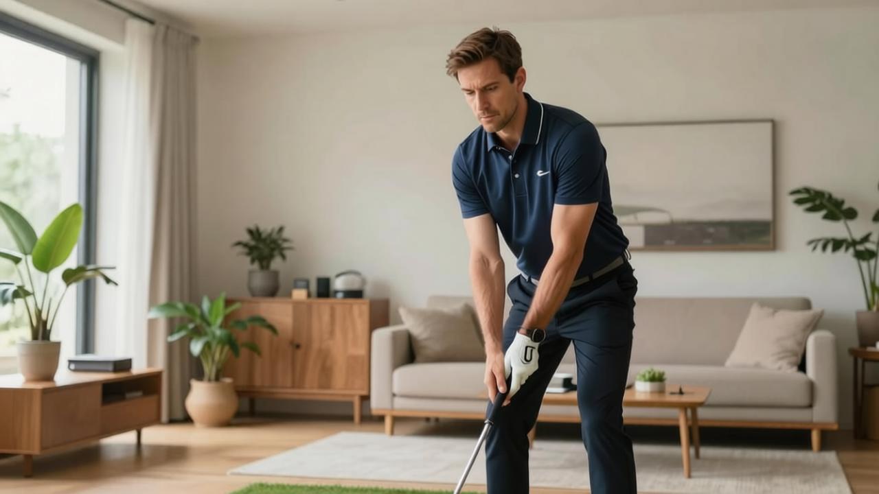 Golfer practicing a full swing indoors using a golf hitting net and practice mat at home